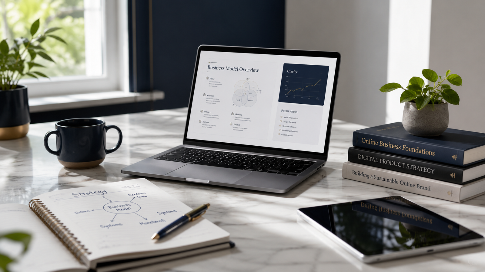 A clean desk with online business planning materials, a laptop, and digital product strategy resources.