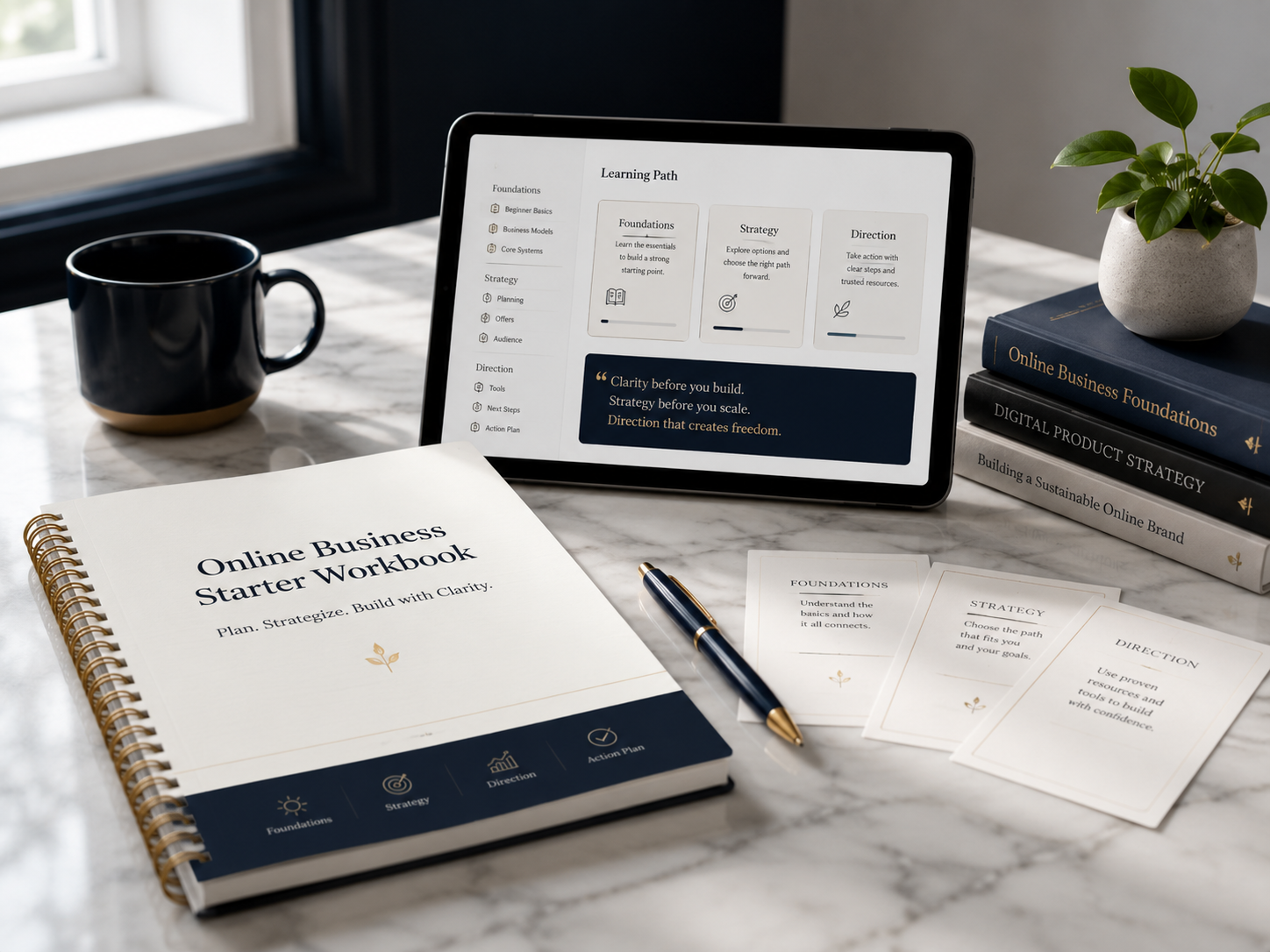 Online business starter workbook, tablet, notes, and planning resources arranged on a desk.