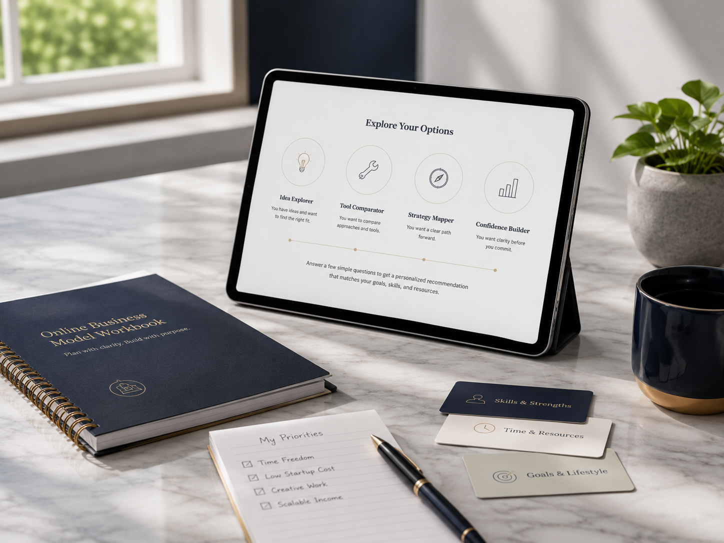 A tablet showing online business model options beside a workbook, notes, and planning materials.